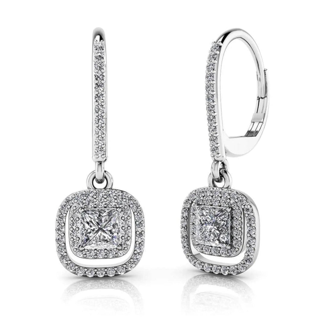 Princess Cut Double Halo Drop Earrings 1.06 ctw - PUREFINEJEWELRY